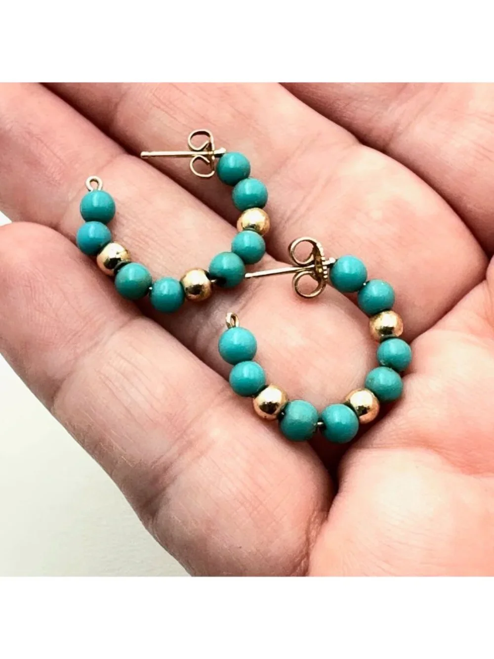 14K Yellow Gold Earrings 1 Inch Turquoise Hoops Pierced